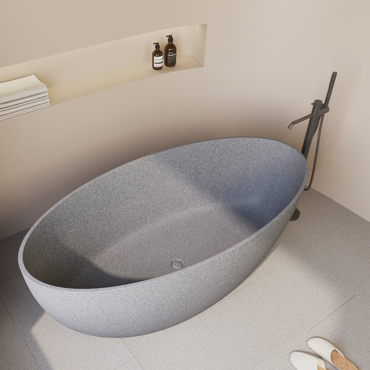 Medunjess 63'' Terrazzo Freestanding Solid Surface Outdoor Soaking Stone Bathtub Concrete