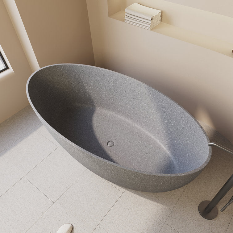 Medunjess 63'' Terrazzo Freestanding Solid Surface Outdoor Soaking Stone Bathtub Concrete