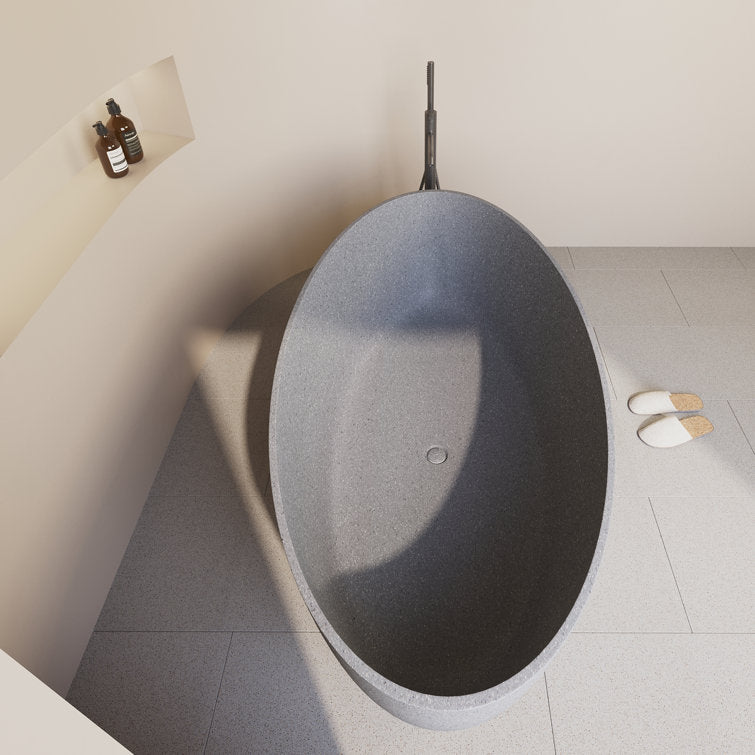 Medunjess 63'' Terrazzo Freestanding Solid Surface Outdoor Soaking Stone Bathtub Concrete