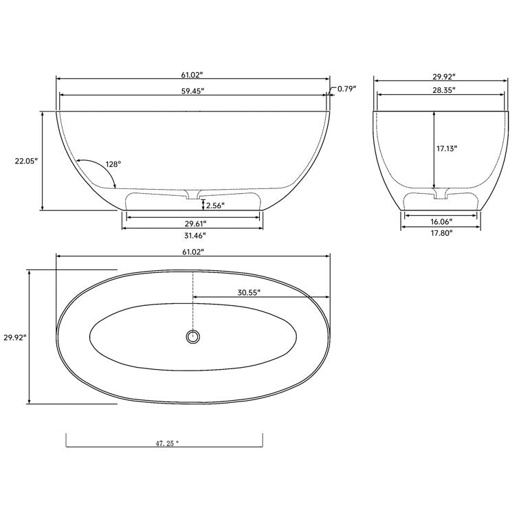 Medunjess 61'' Freestanding Tub Solid Surface Freestanding Soaking Bathtub Blue