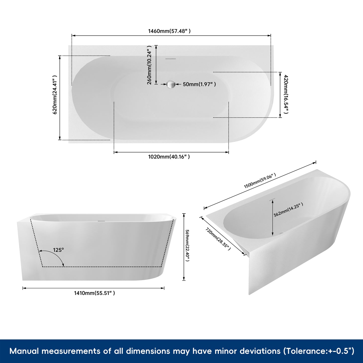 Medunjess 59'' Soluna Freestanding Tub Deep Soaking Acrylic Bathtub