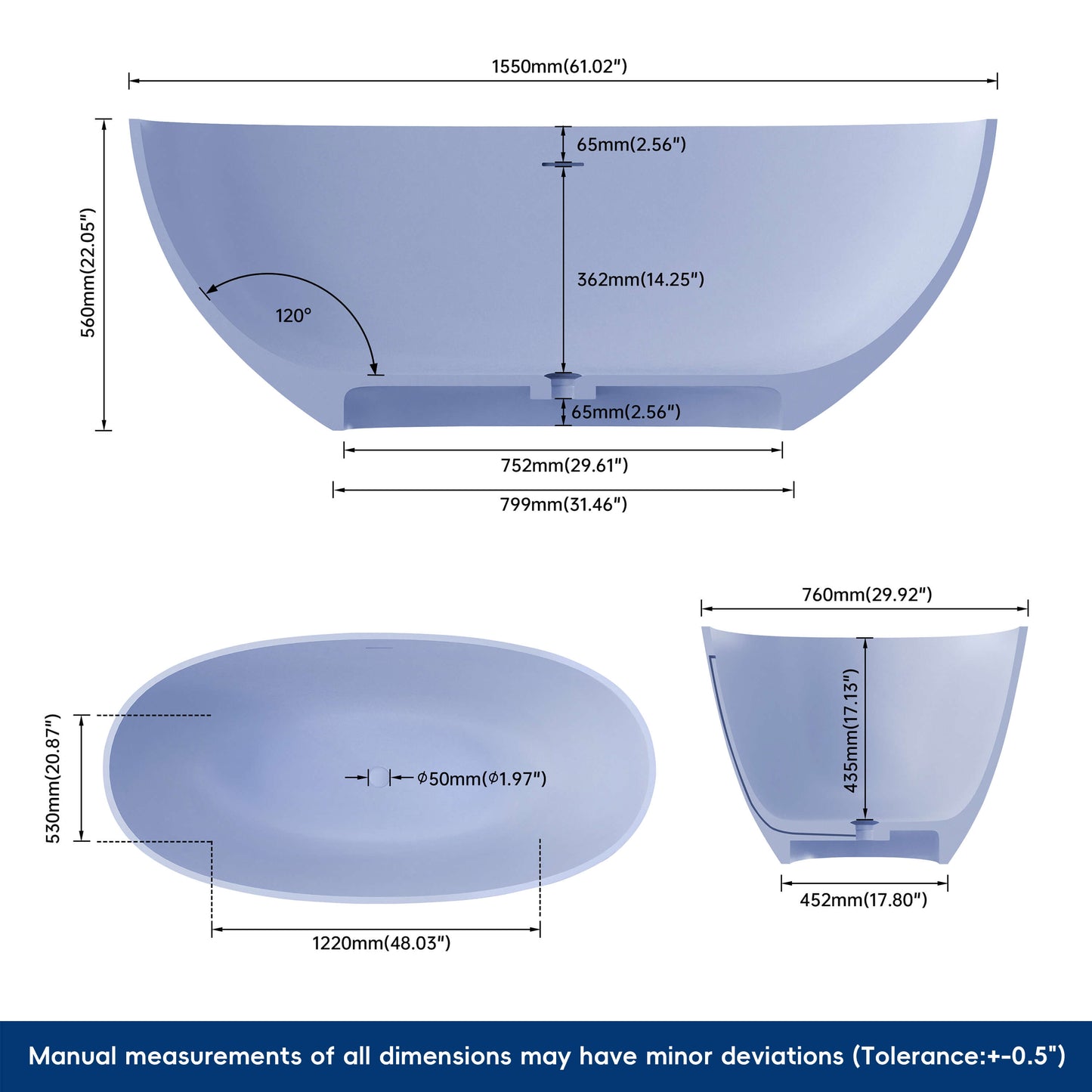 Medunjess 61'' Freestanding Soaking Solid Surface Bathtub,Grayish-Blue