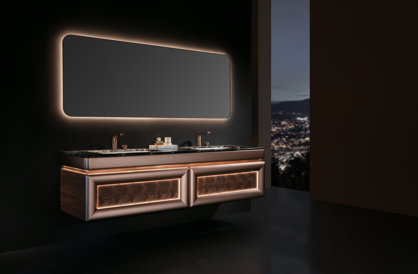 Medunjess 77'' Elegant Black Walnut Double Sink Vanity with Illuminated Mirror
