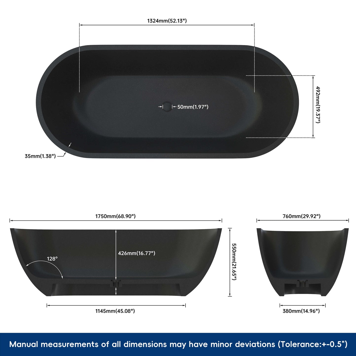 Medunjess 69" Speckle Freestanding Terrazzo Bathtub