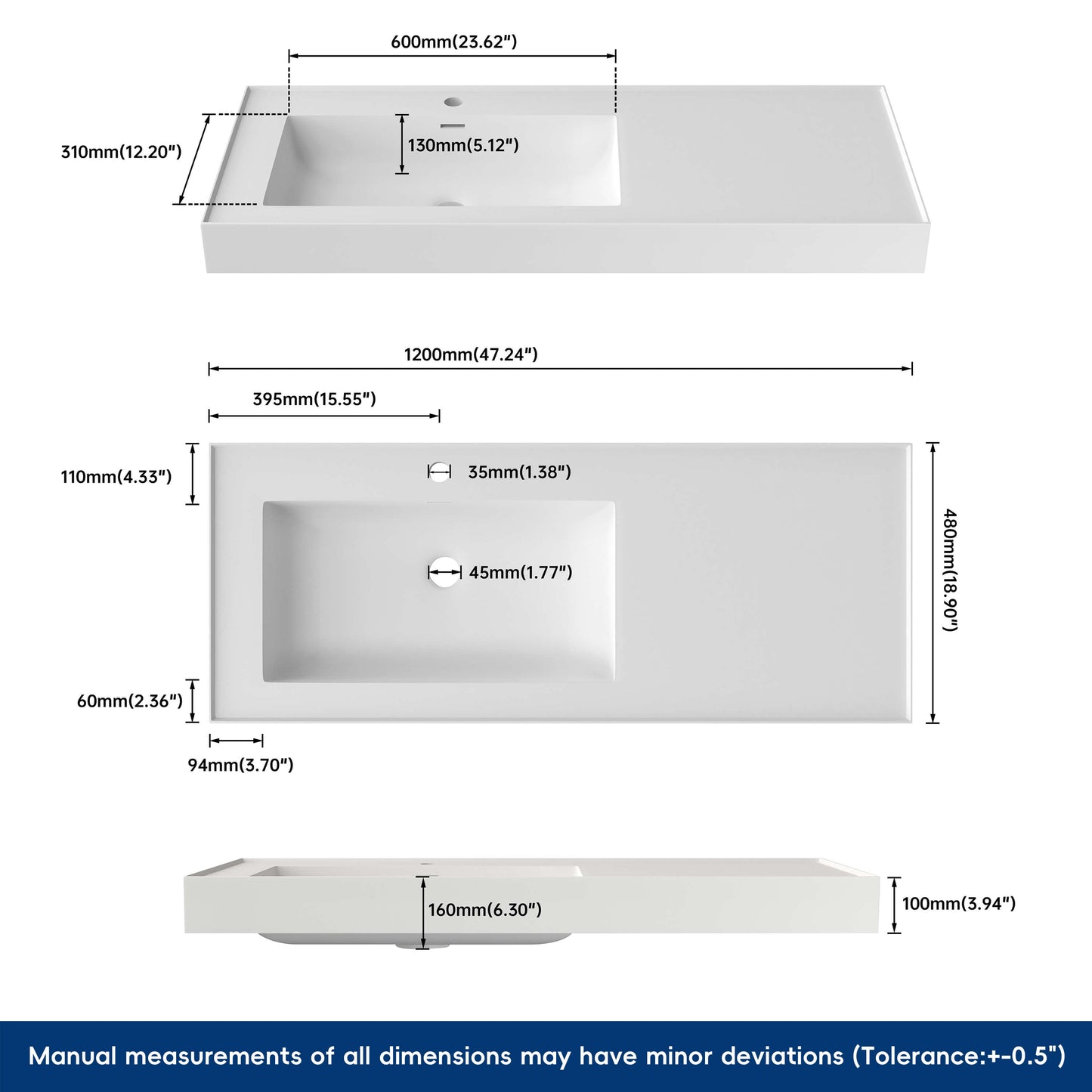 Medunjess 47'' Cantra Wall Mounted Bathroom Sink Solid Surface Sink