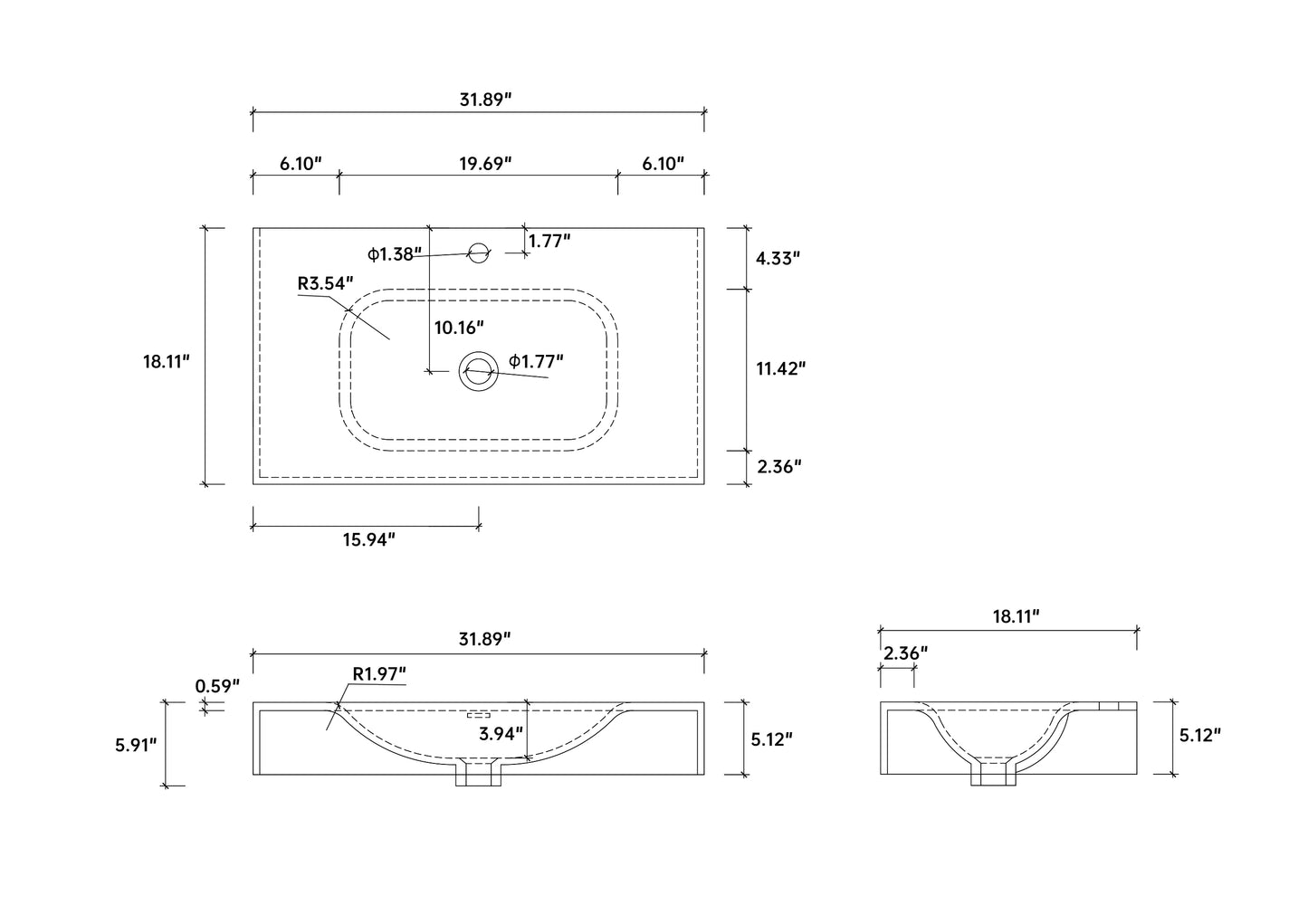 Medunjess 32'' Aether Wall Mounted Bathroom Sink Solid Surface Sink