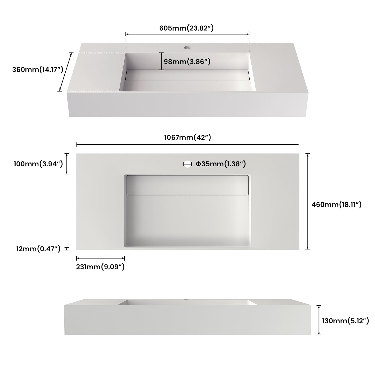 Medunjess 42" Vector Wall Mounted Bathroom Sink Solid Surface Sink