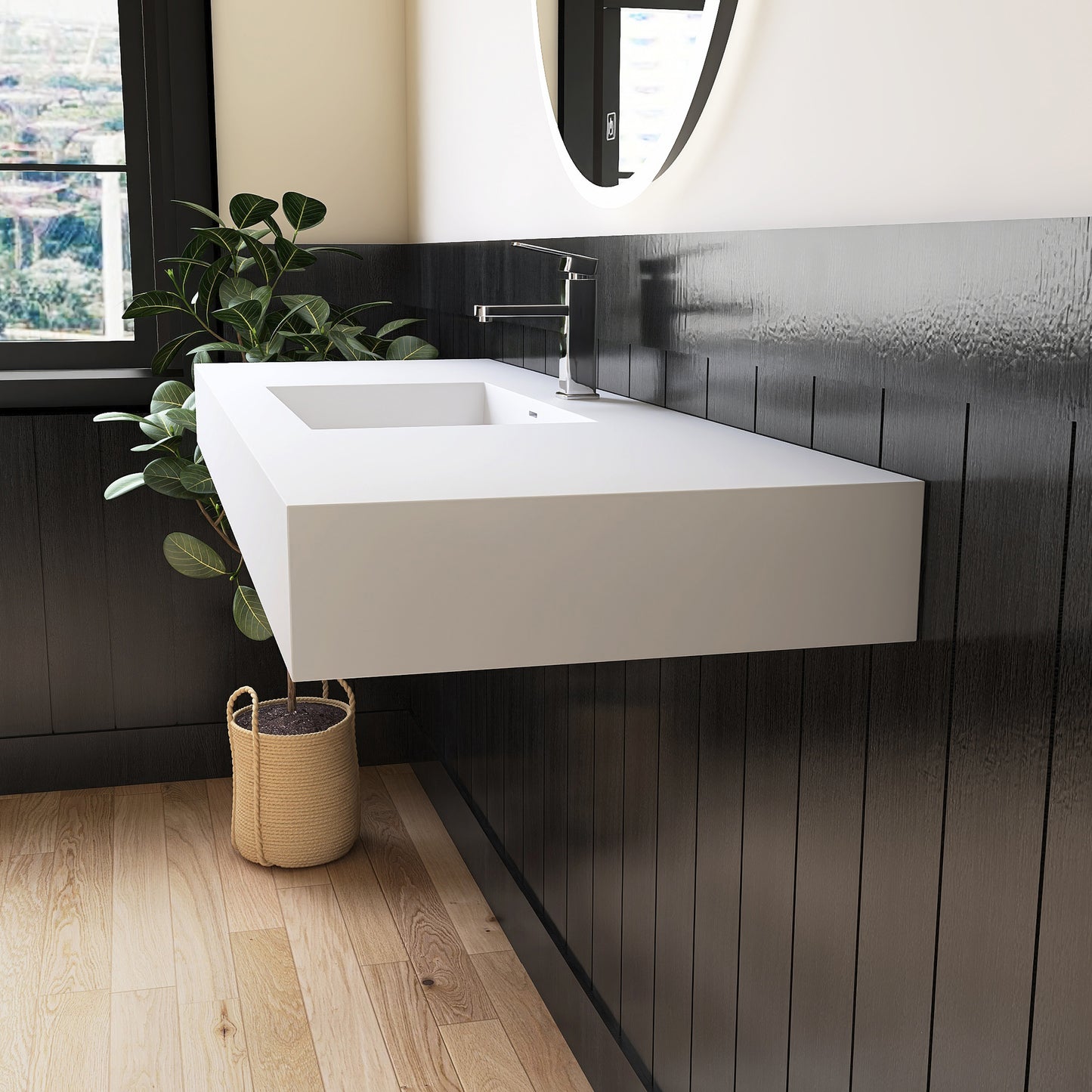 Modern bathroom with a white wall-mounted sink against a dark wooden wall.