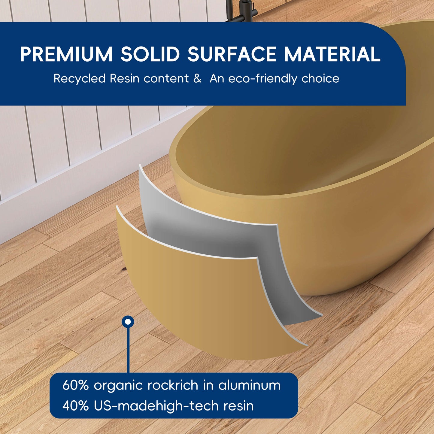 Medunjess 61" Freestanding Soaking Solid Surface Bathtub,Camel