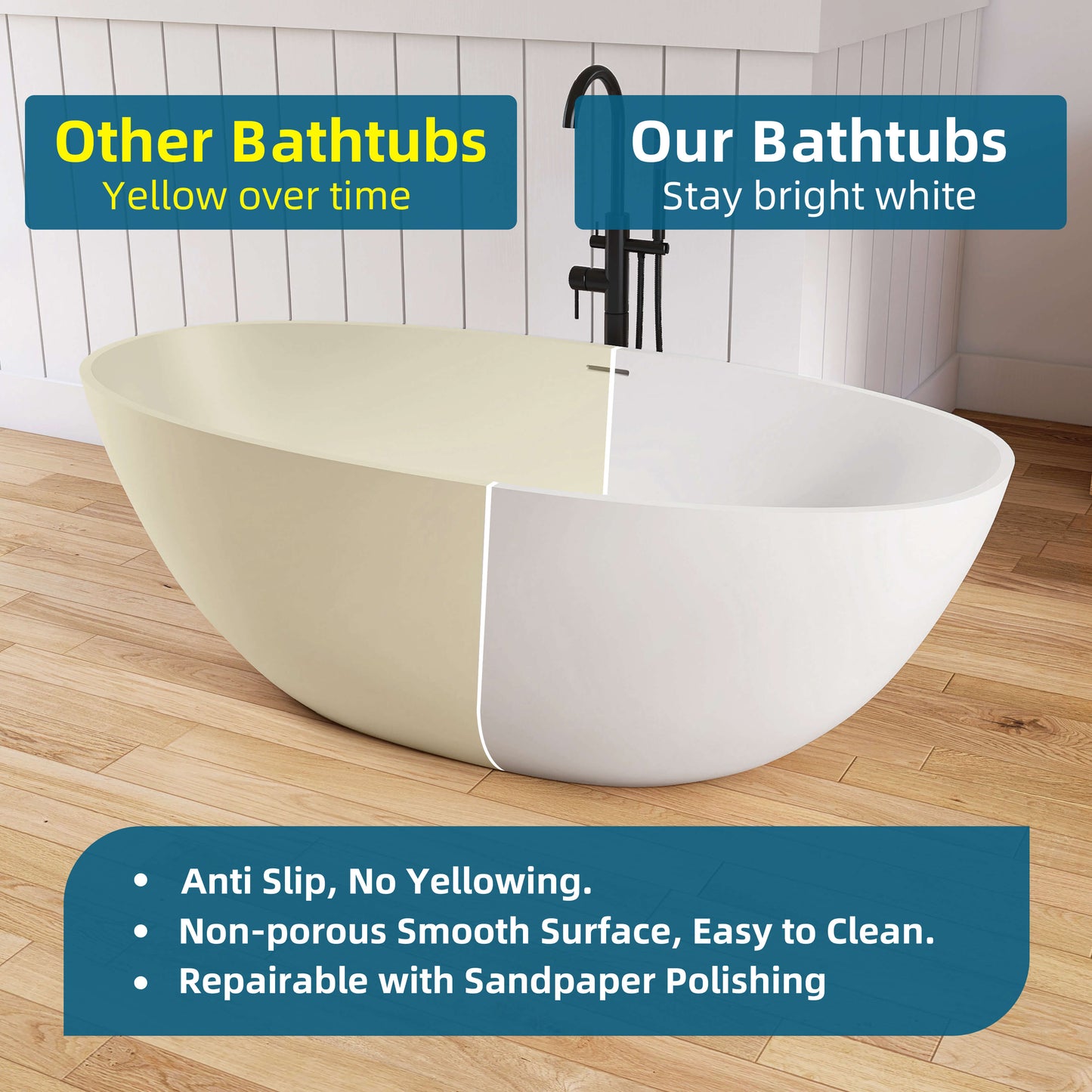 Medunjess 65" White Oval Luxury Freestanding Solid Surface Resin Stone Soaking Tub