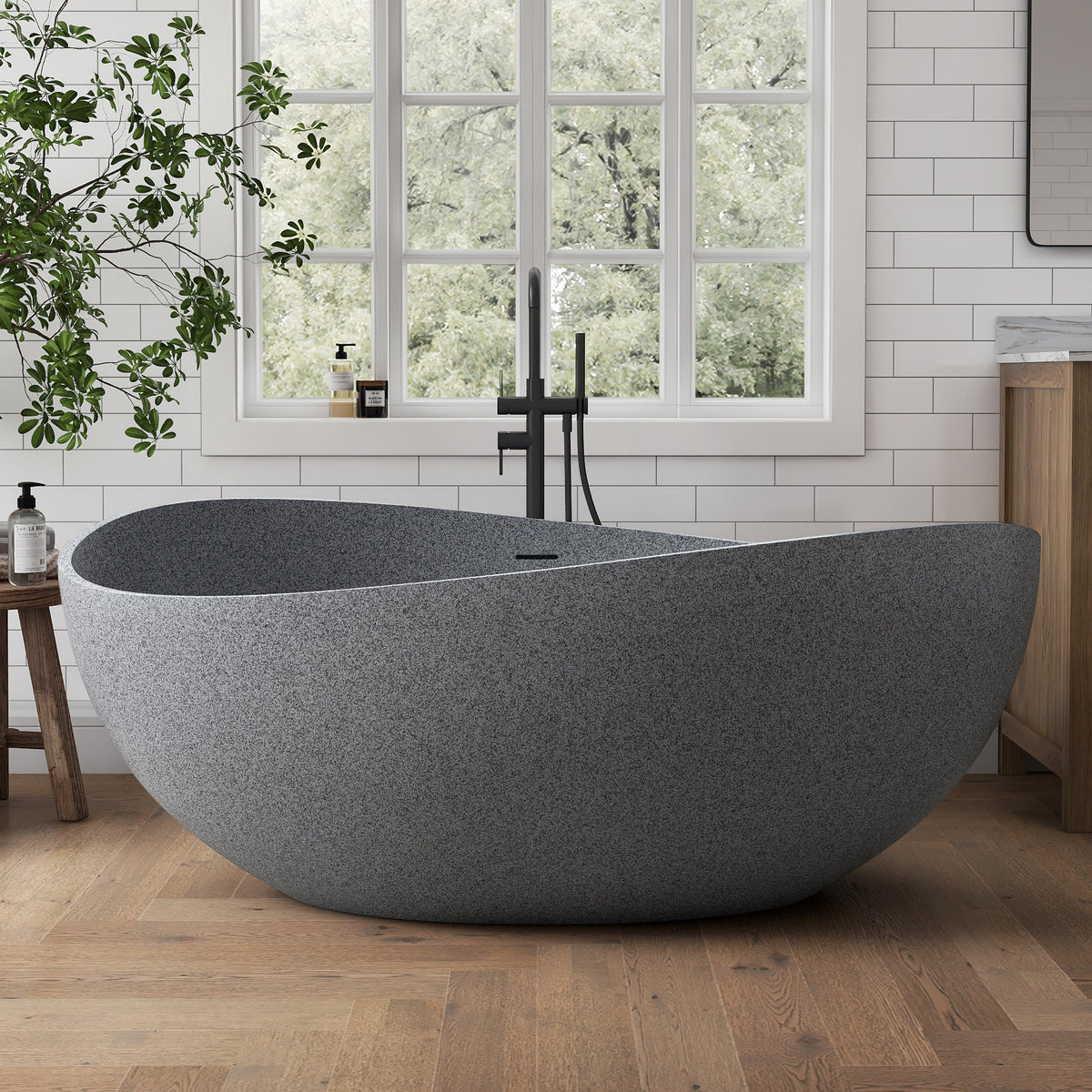 Medunjess 63" Wavy Freestanding Tub Solid Surface Freestadning Stone Resin Soaking Bathtub