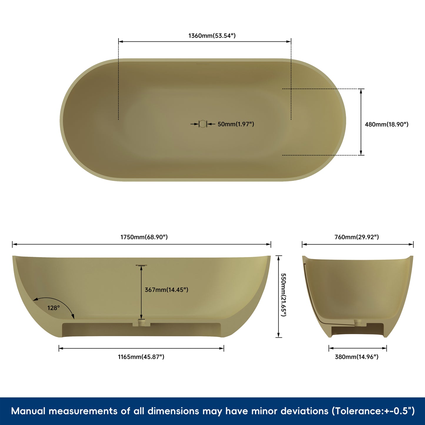Medunjess 69" Caelus Solid Surface Soaking Freestanding Oval Bathtub