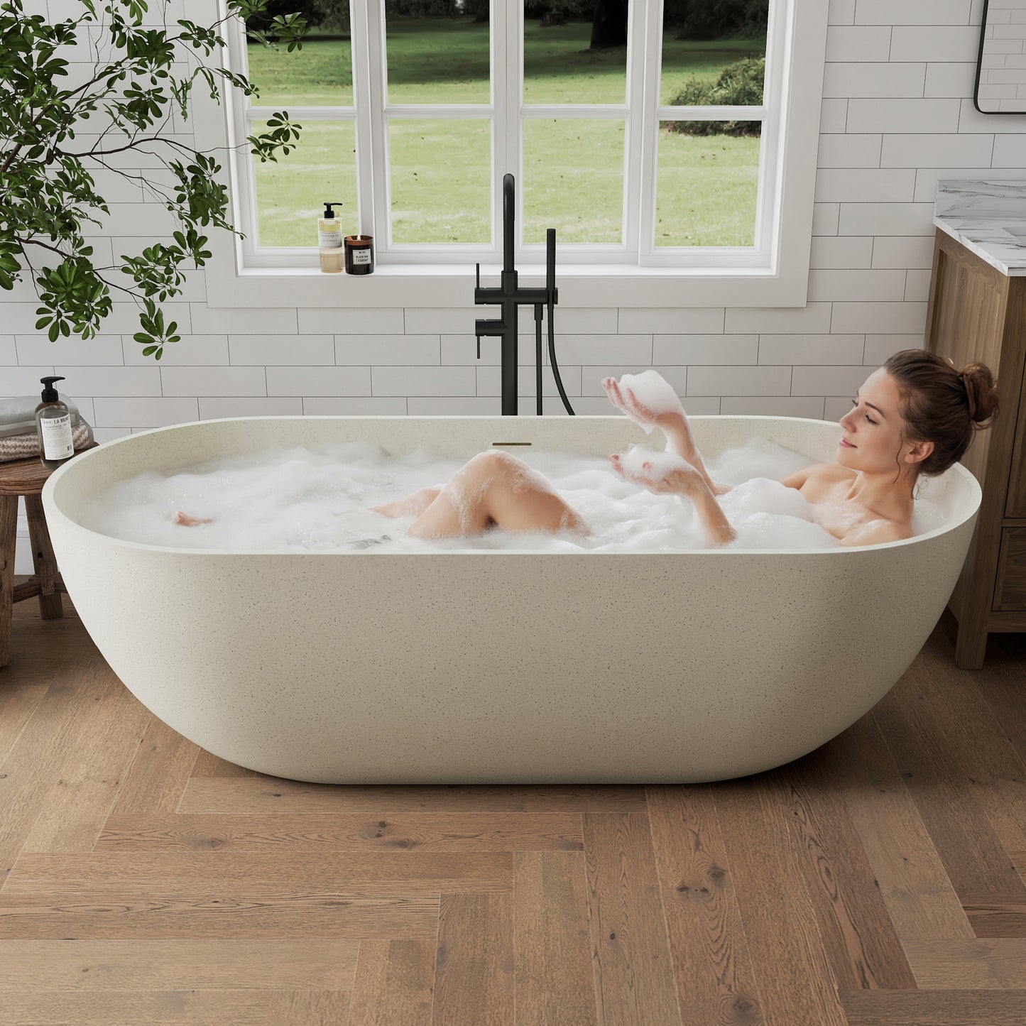 Medunjess 69" Particles Caelus Solid Surface Soaking Freestanding Oval Bathtub