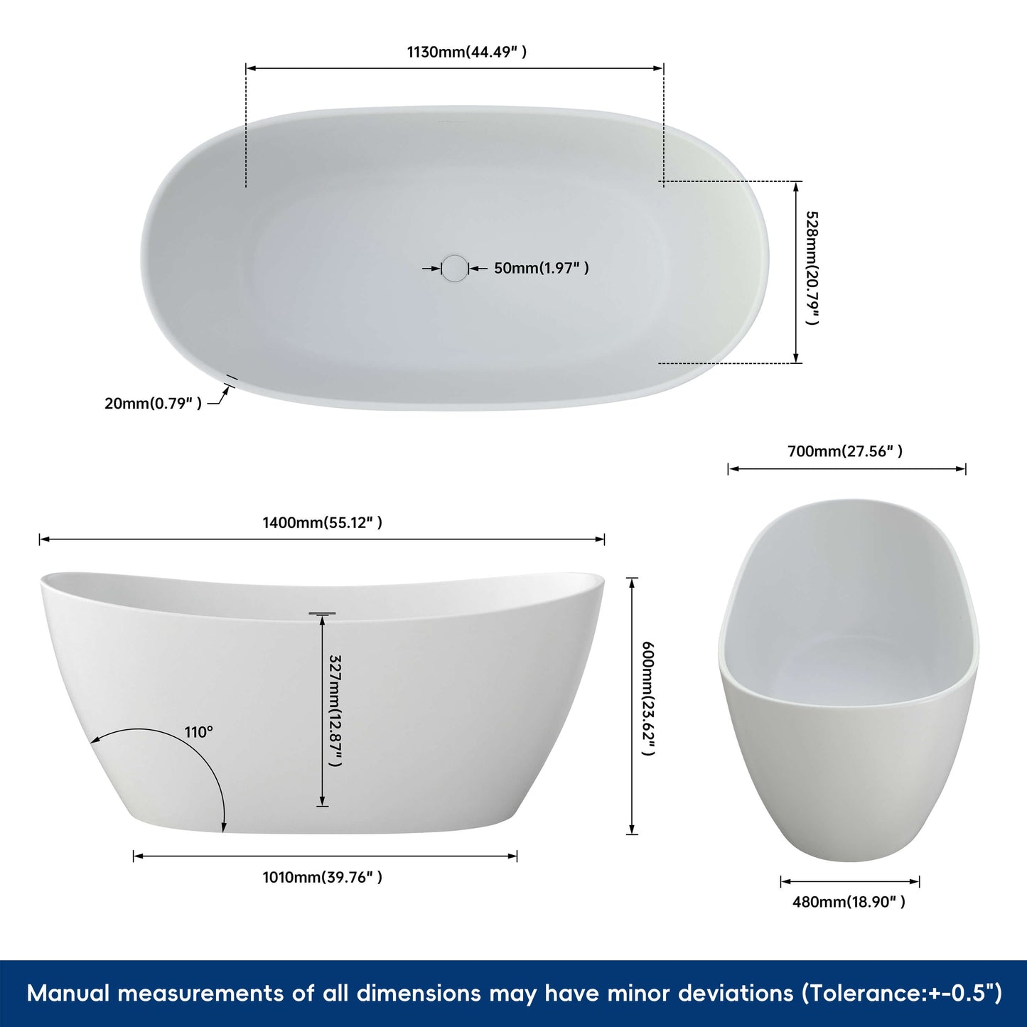 Medunjess 55'' Firmor Freestanding Bathtub Solid Surface Stone