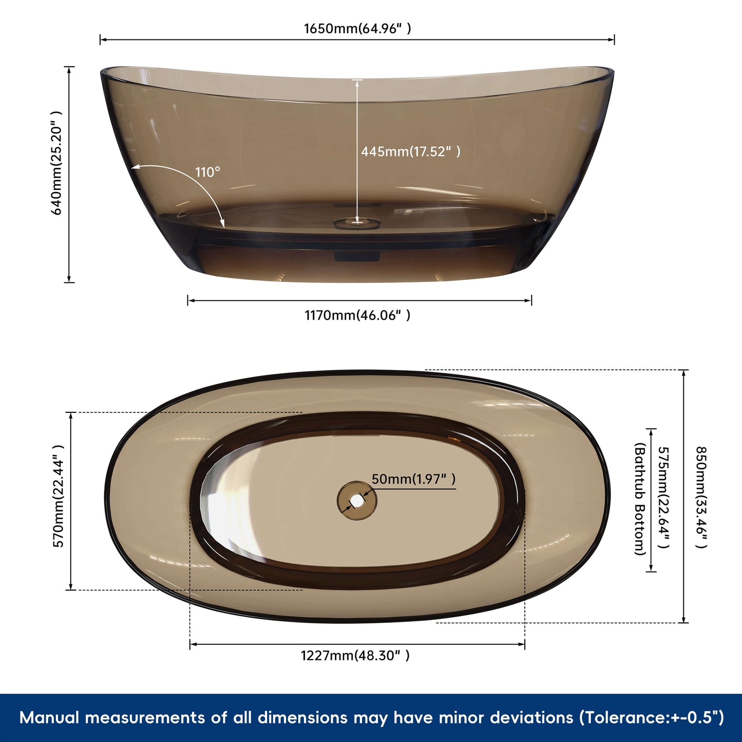 Medunjess 65'' Freestanding Bathtub Solid Surface Deep Soaking Tubs Double Slippers,Sepia