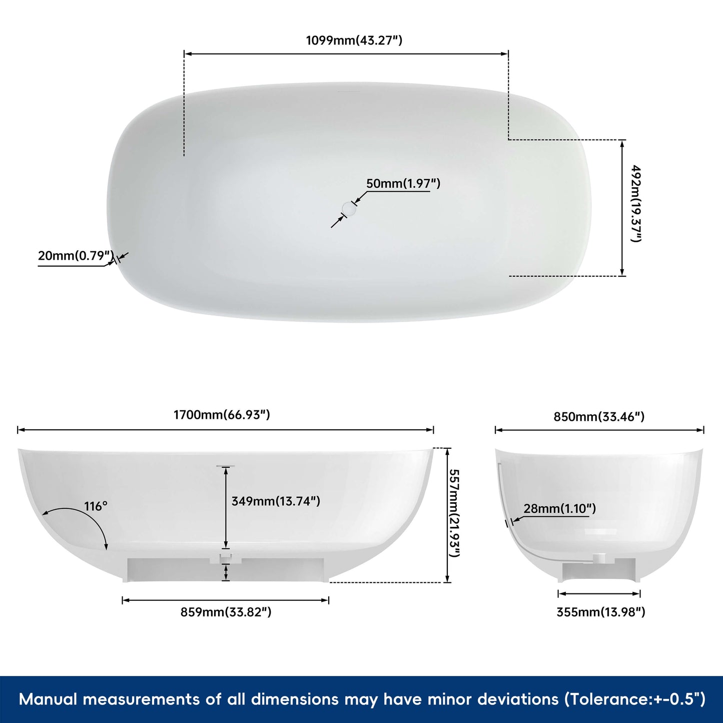 Medunjess 67'' Solium Freestanding Bathtub Solid Surface Stone