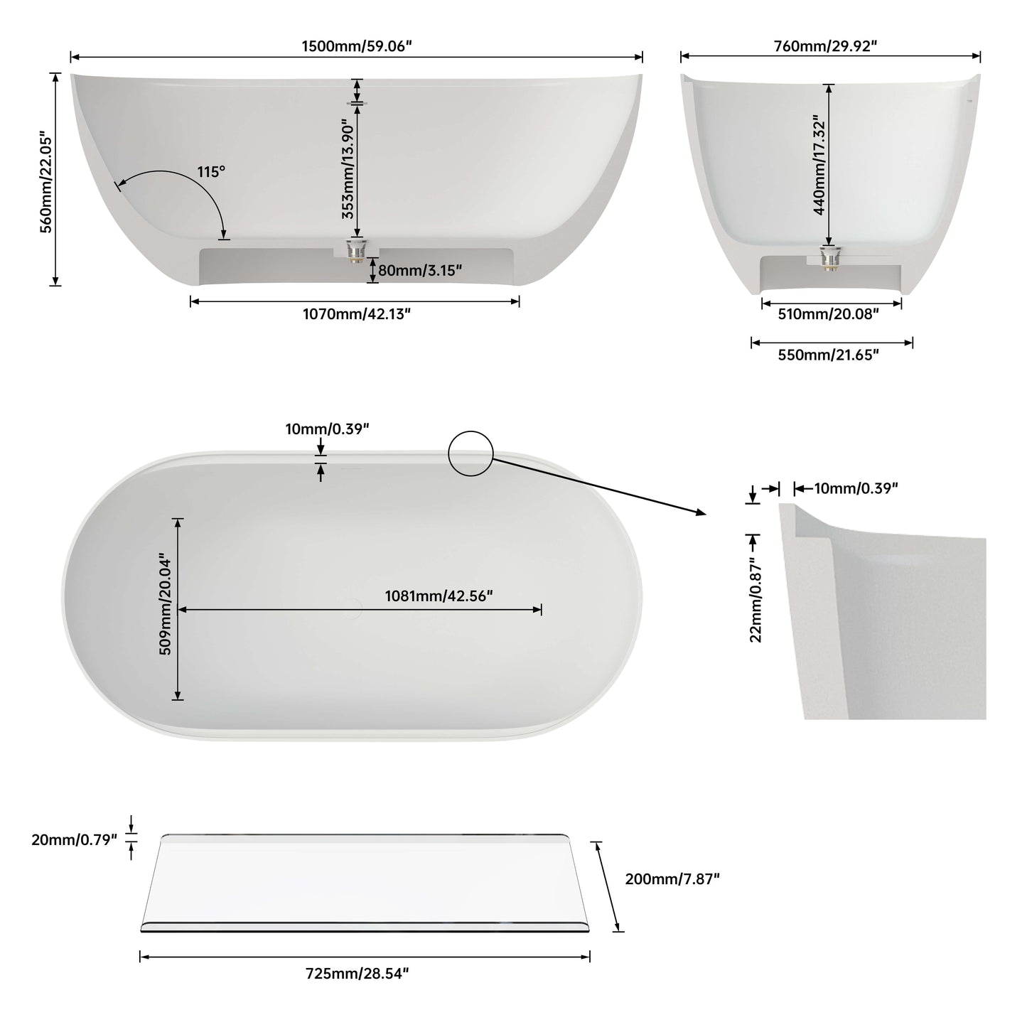 Medunjess 39"Freestanding Artificial Stone Bathtub with Shelf,Non-slip solid surface