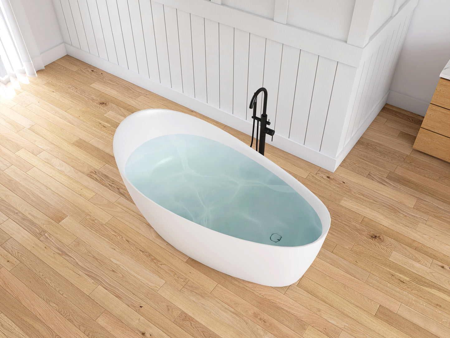 Medunjess 65" Wavy Edge Solid Surface Stone Soaking Freestanding Bathtub
