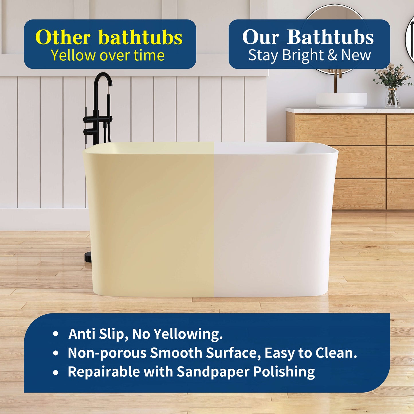 Medunjess 47" Japanese Soaking Bathtub Solid Surface Freestanding Tub With Seat