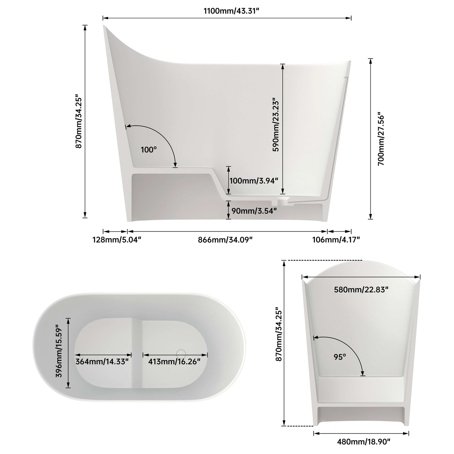 Medunjess 43''Artificial stone freestanding bathtub with seat (matte white)
