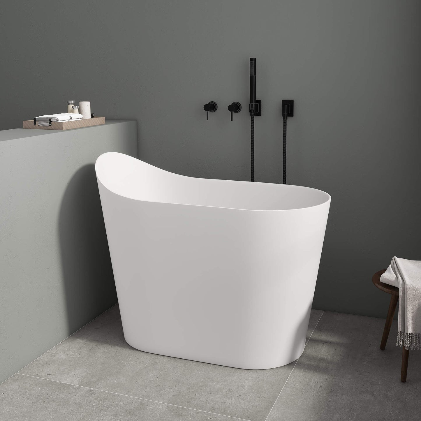 Medunjess 43''Artificial stone freestanding bathtub with seat (matte white)