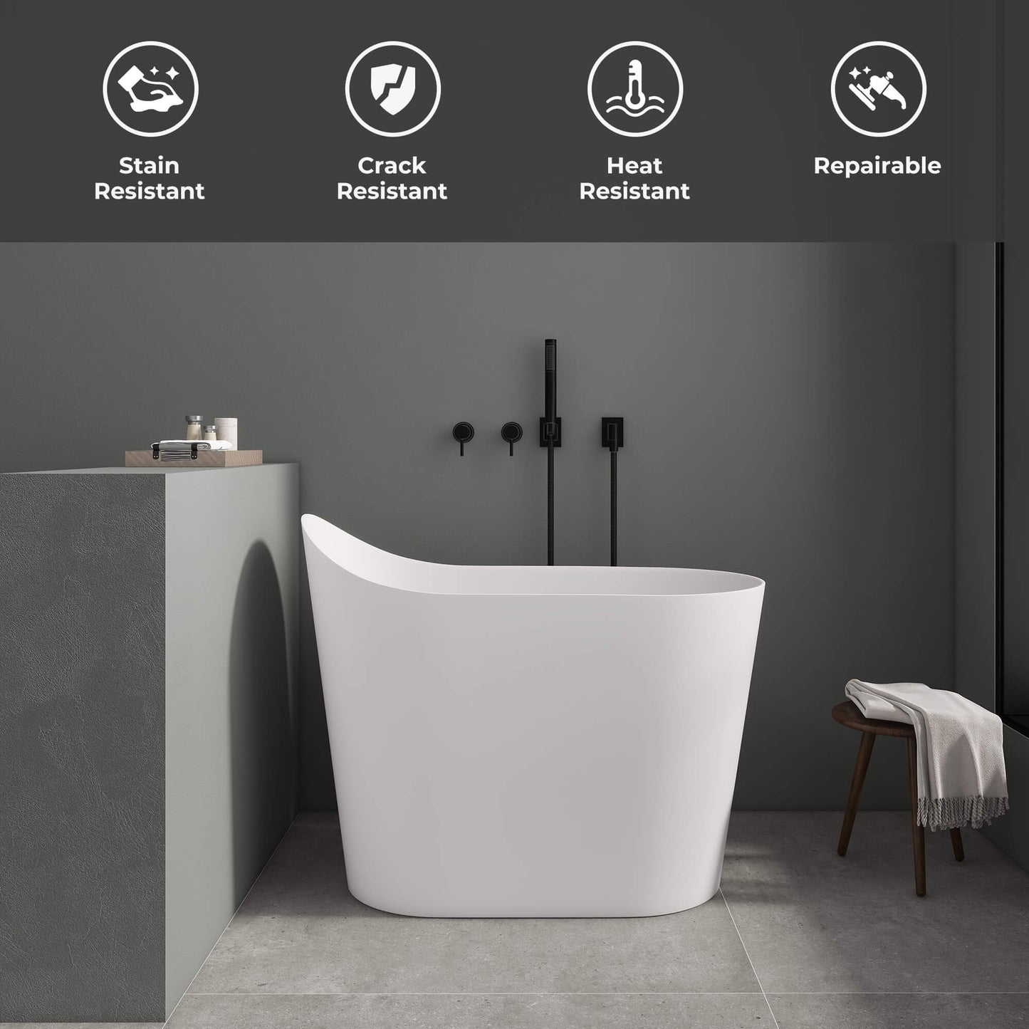 Medunjess 43''Artificial stone freestanding bathtub with seat (matte white)