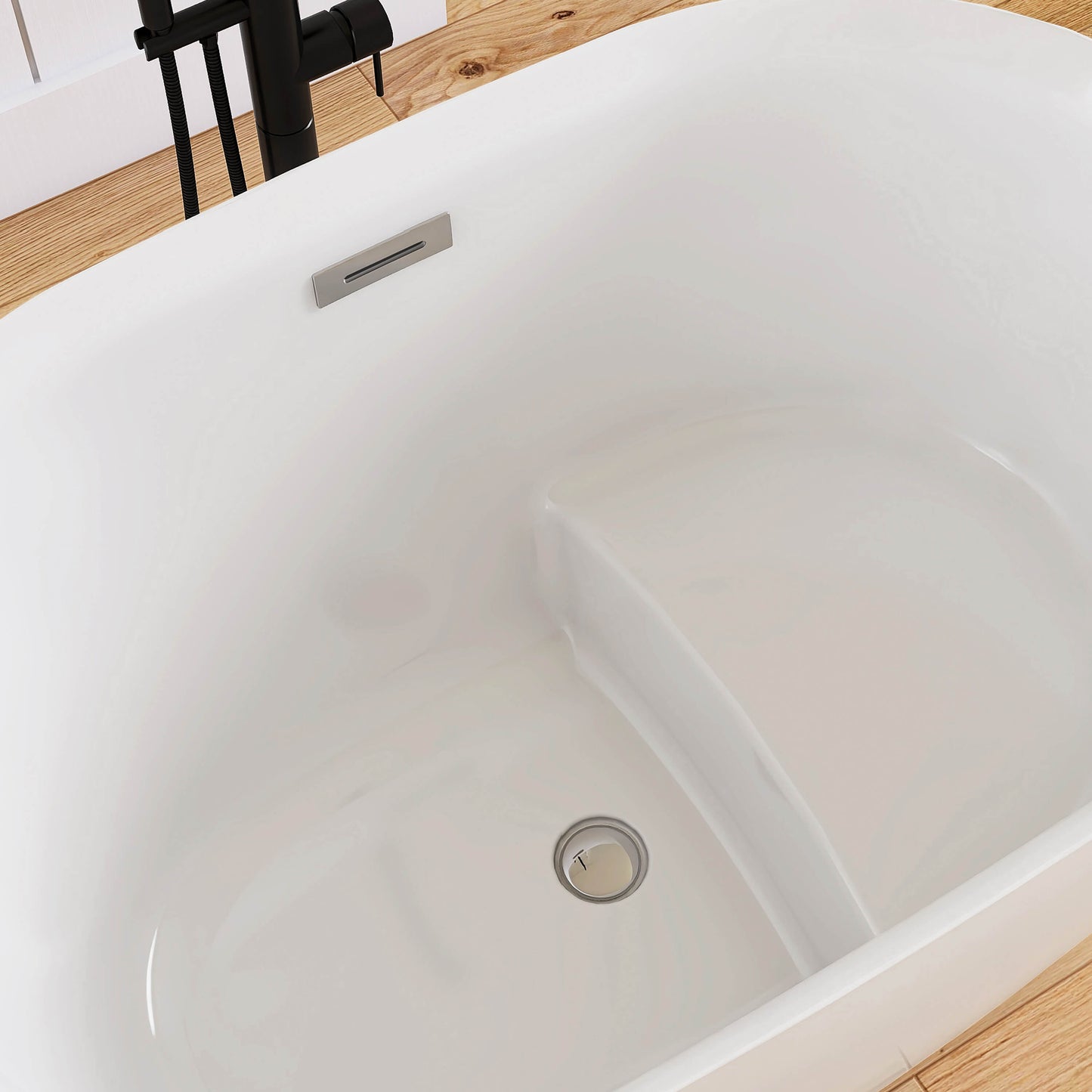 Medunjess 43" White Freestanding Tub Acrylic Bathtub with Bench