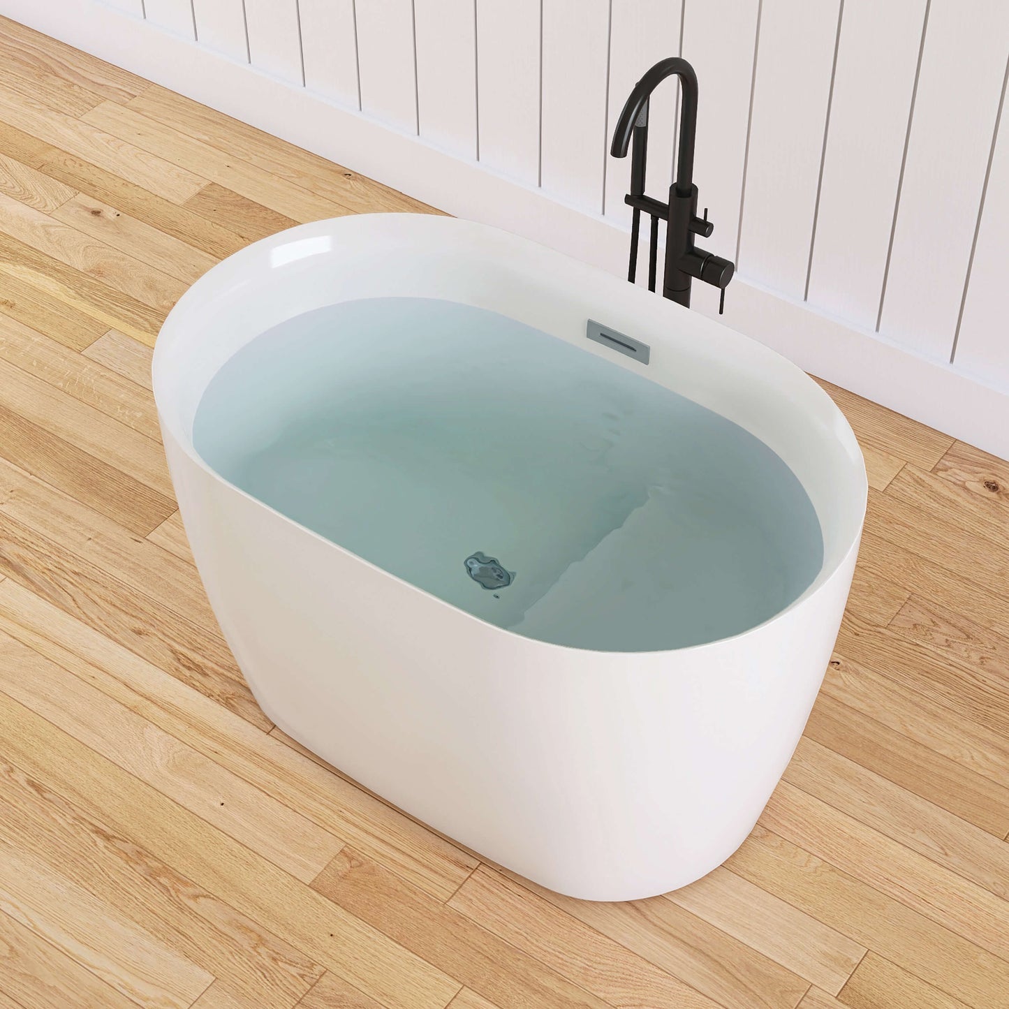 Medunjess 43" White Freestanding Tub Acrylic Bathtub with Bench
