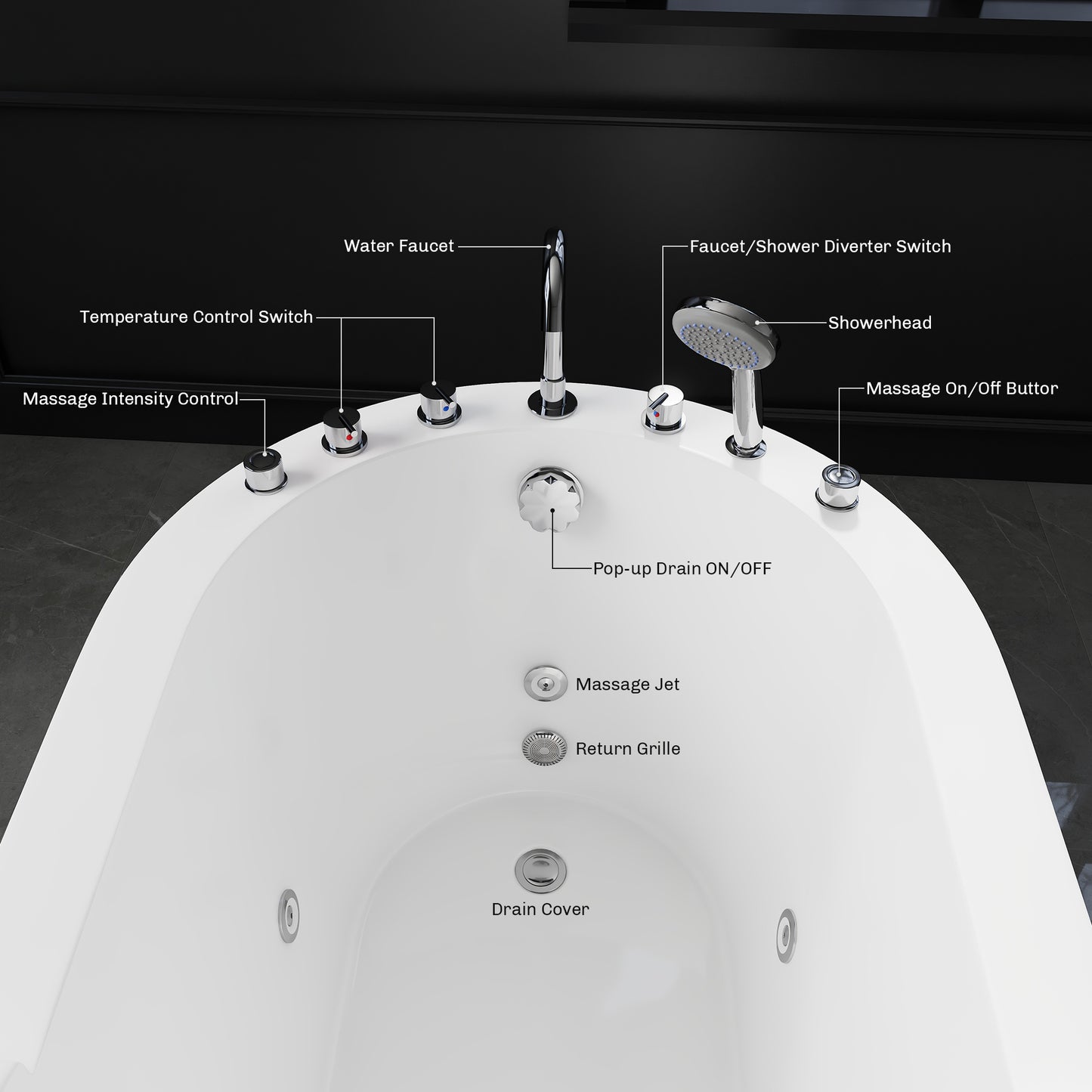 Medunjess 59" Acrylic Whirlpool Massage Bathtub with 6 Water Jets, Air Switch, Deck-Mounted 4-Piece Faucet Set, 7-Color LED Light