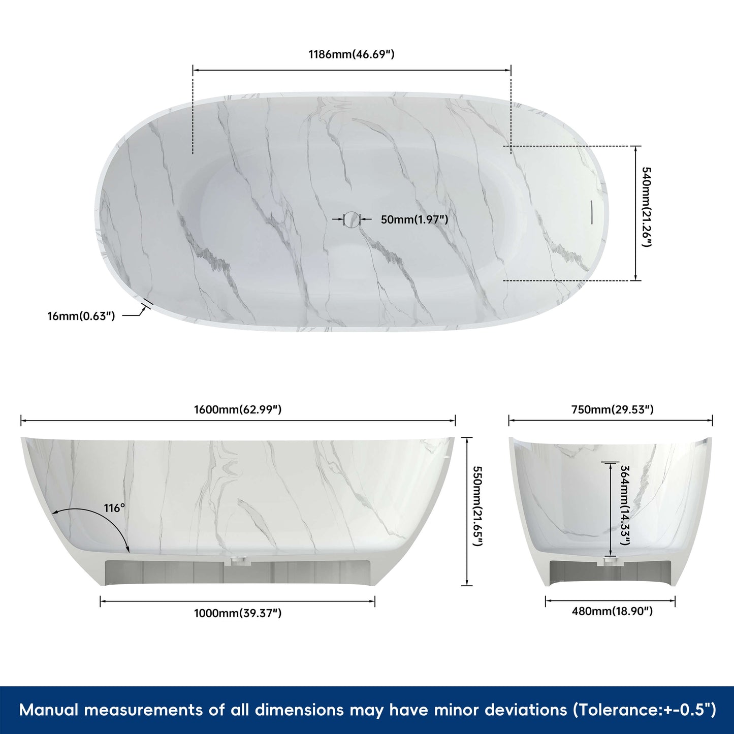 Medunjess 63'' Firmus Freestanding Bathtub Solid Surface Stone