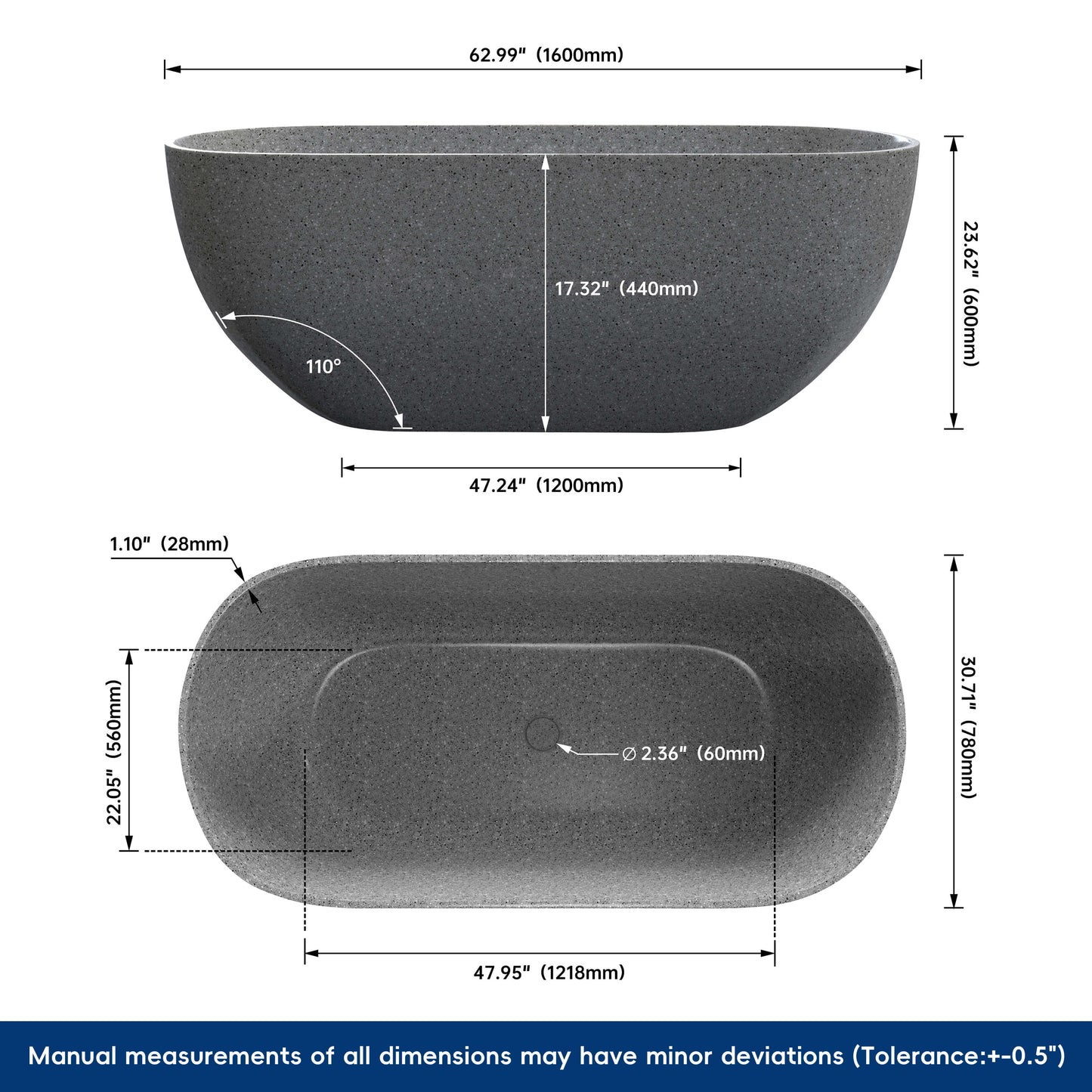 Medunjess 63'' Flecksione Freestanding Terrazzo Bathtub