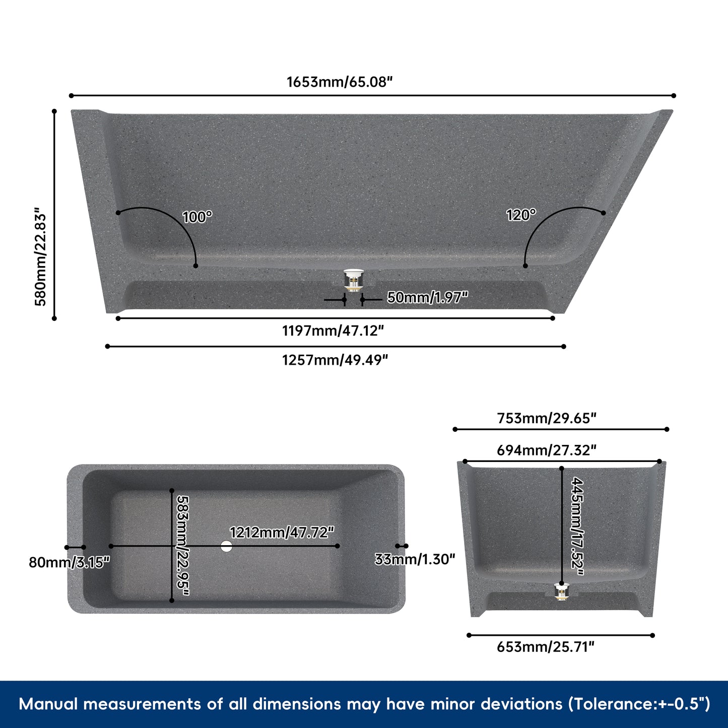 Medunjess 66" Marmoreal Freestanding Terrazzo Bathtub