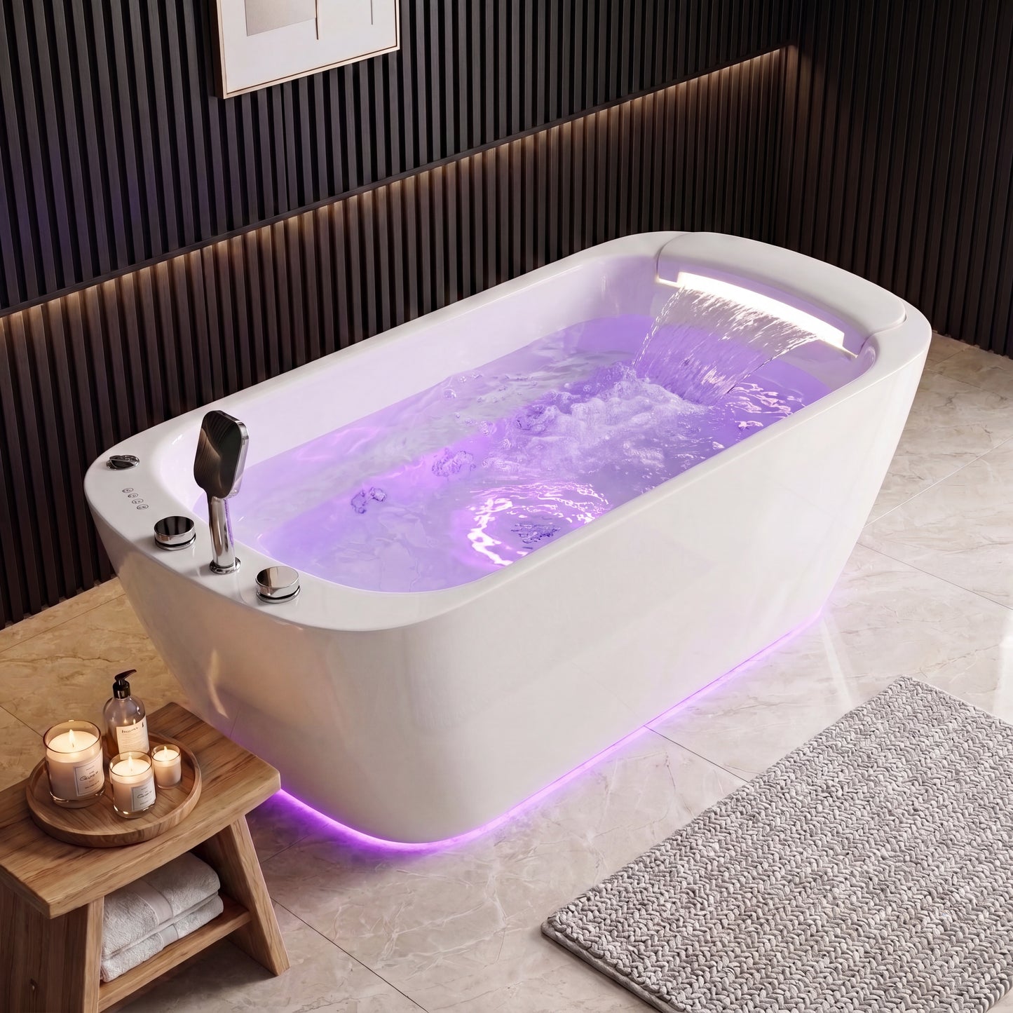 Medunjess 67" Modern White Acrylic Whirlpool Jetted Freestanding Bathtub with Waterfall Pillow, 11 Hydro Massage Jets, Air Bubble System & Blue LED Chromatherapy Light
