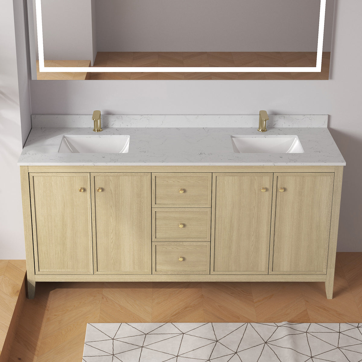 Medunjess 72" Freestanding Double Sink Bathroom Vanity Set with Engineered Stone Countertop & Dual Hardware Options - Natural Oak