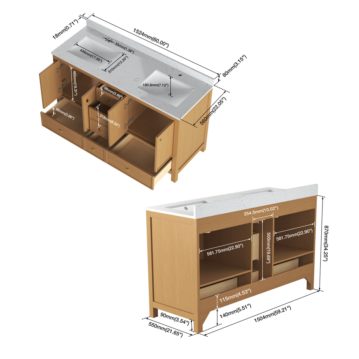 Medunjess 60" Freestanding Double Sink Bathroom Vanity Set with Engineered Stone Countertop & Dual Hardware Options - Natural Oak
