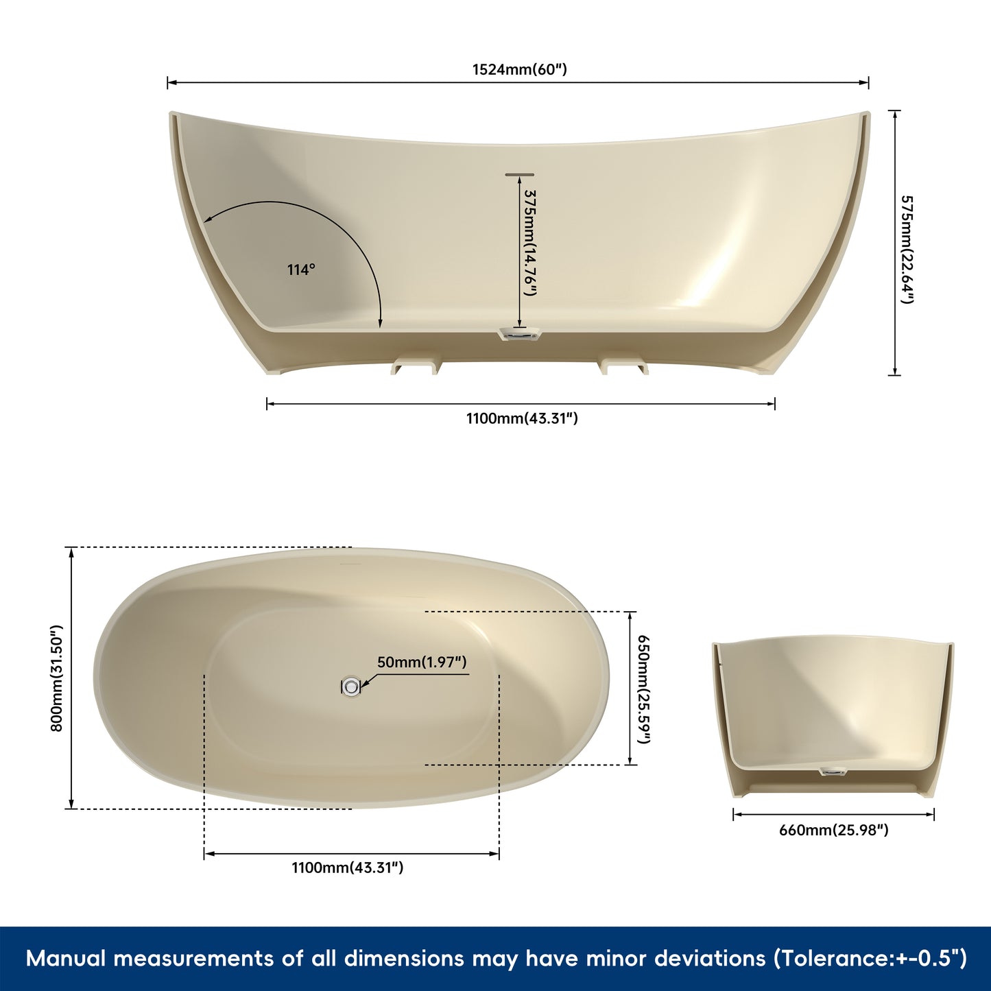 Medunjess 61'' Milk-Coffee Ethos Freestanding acrylic bathtub