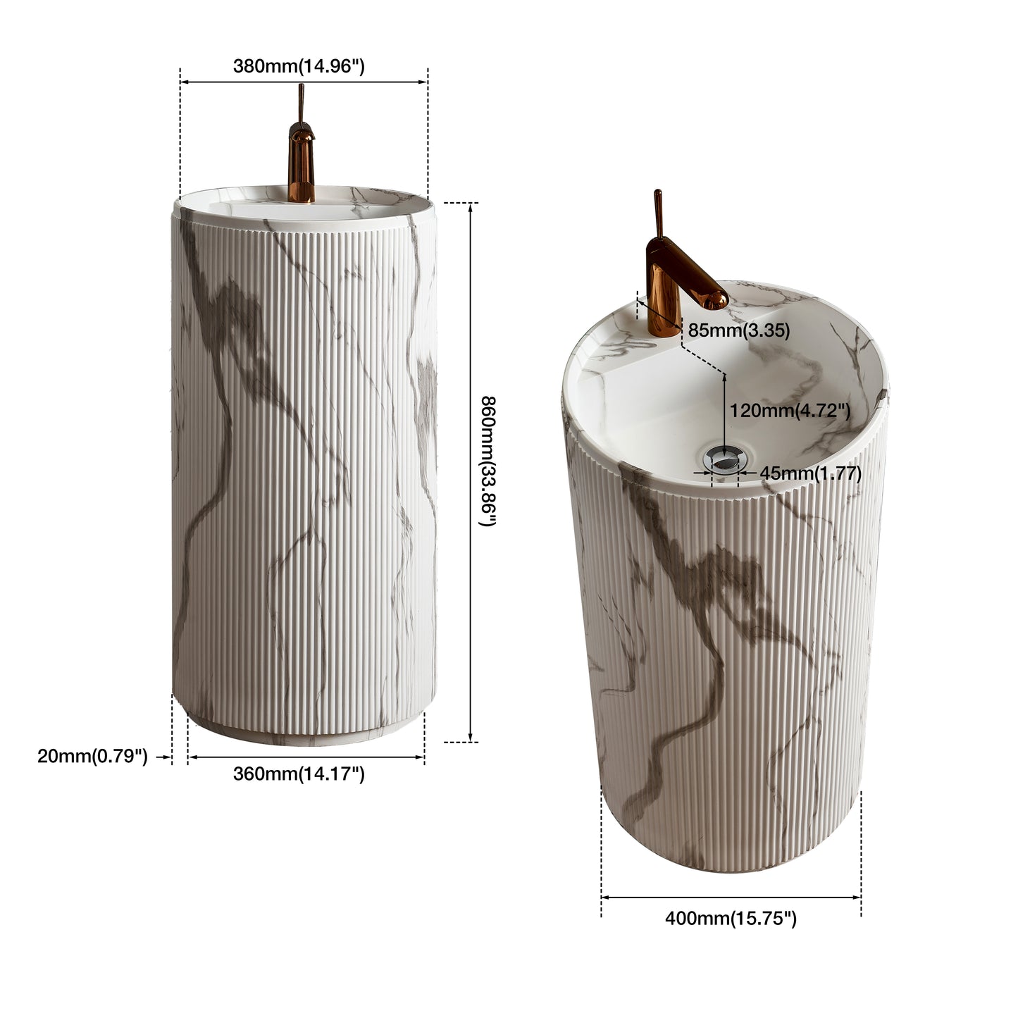 Medunjess 15.7"x33.8" Marble Pattern Modern Bathroom Sink Pedestal Basin