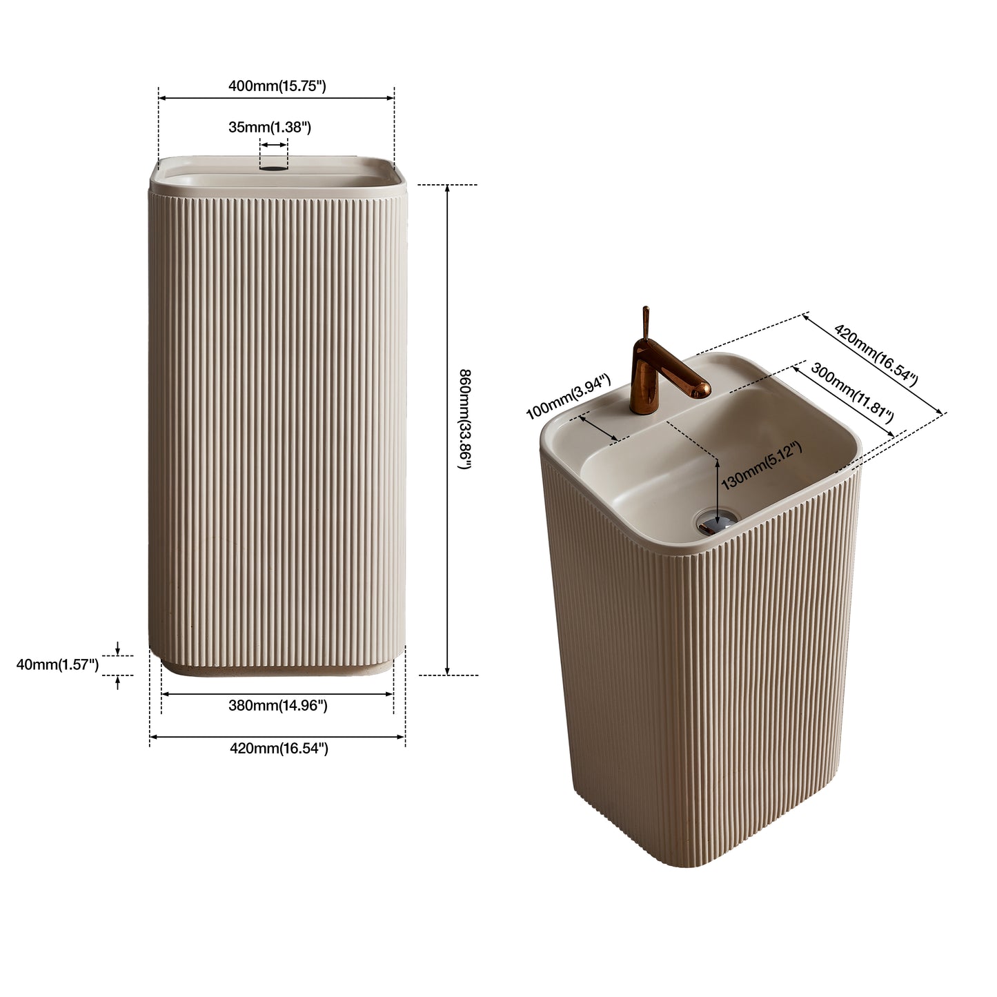 Medunjess 16.5"x33.8" Modern Fluted Column Pedestal Sink – Freestanding Bathroom Basin
