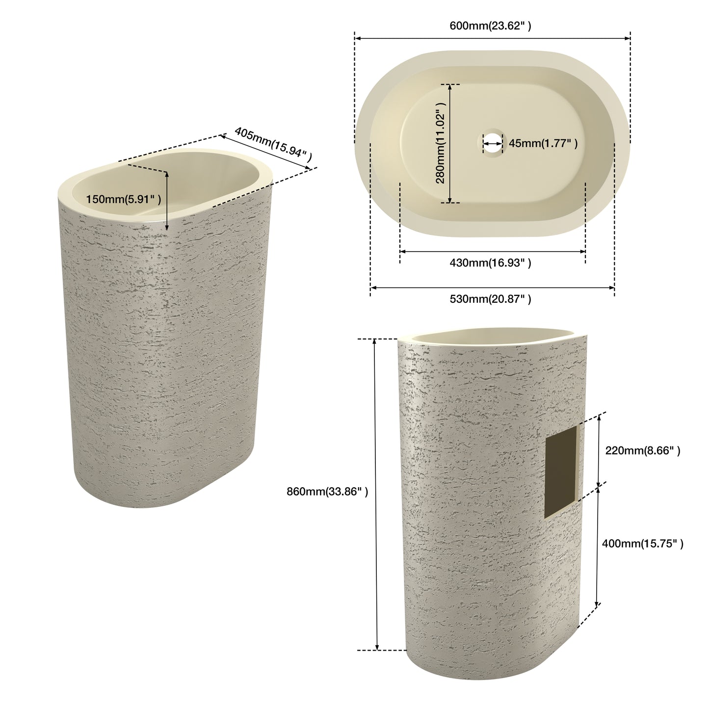 Medunjess 23.6"x33.8" Solid Stone Modern Pedestal Bathroom Sink