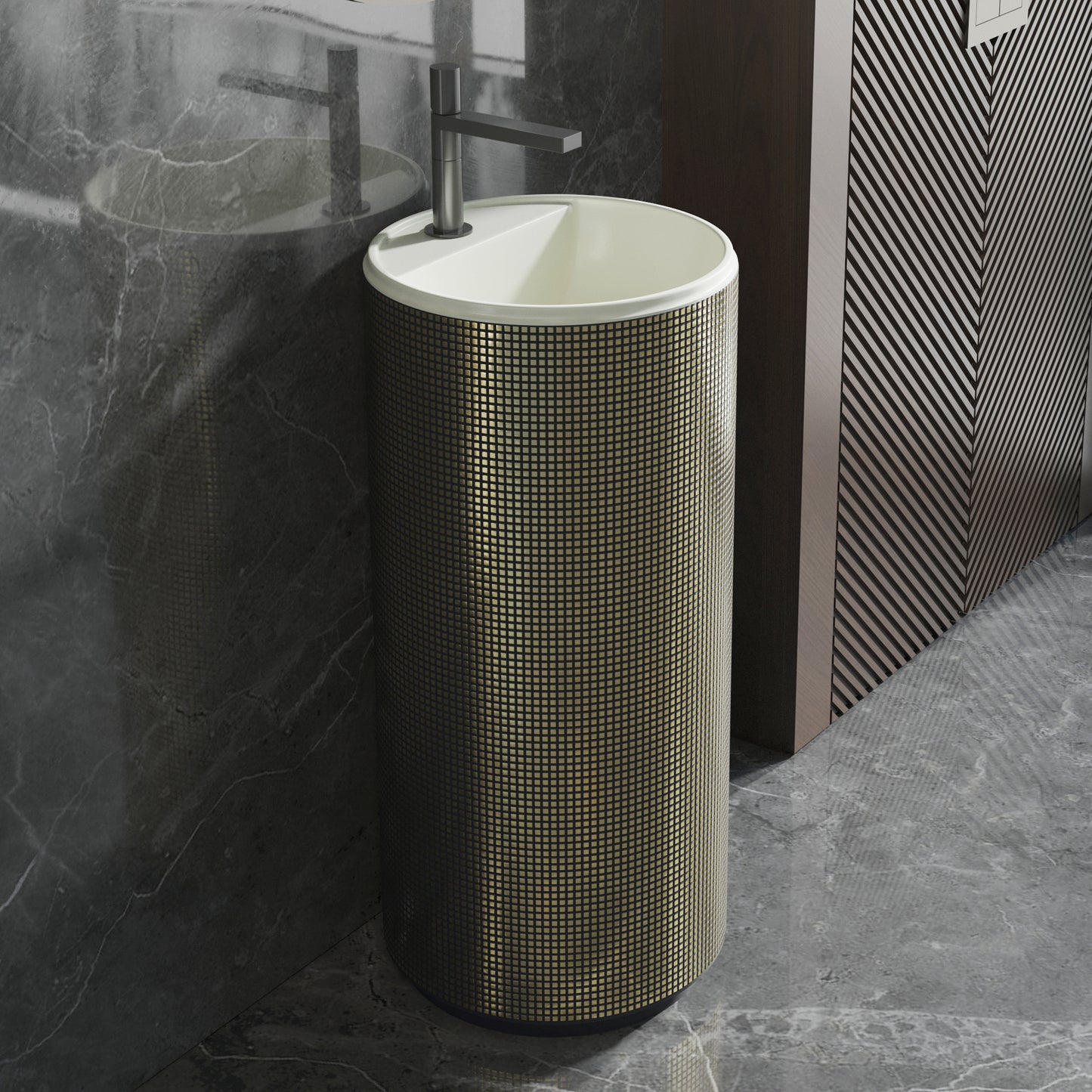 Modern freestanding sink with Antique Gold Electroplated Grid pattern in a bathroom setting