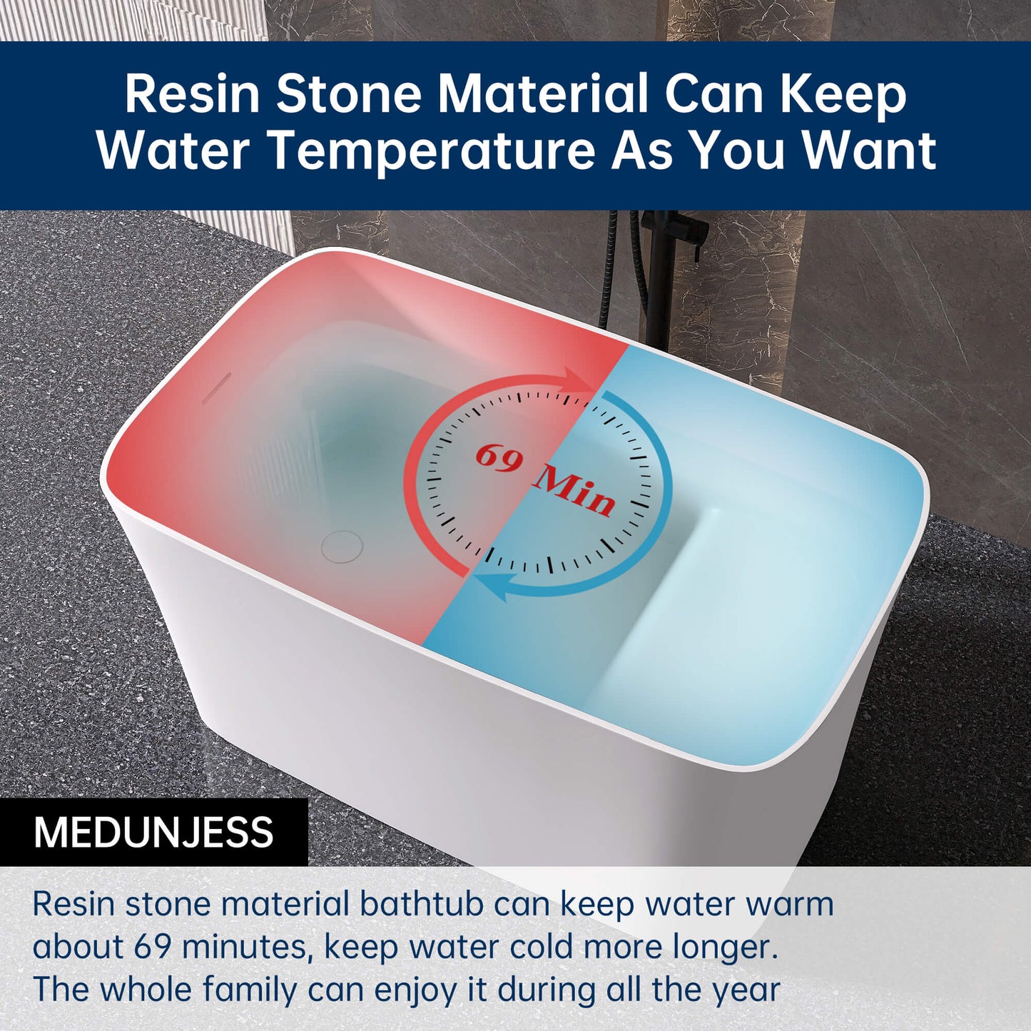 Medunjess 47'' Japanese Freestanding Tub With Seat Solid Surface Rectangular Soaking Bathtub