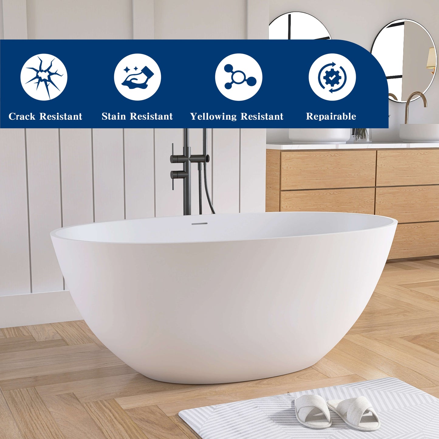 Medunjess 55'' Freestanding Tub Solid Surface Freestanding Soaking Bathtub