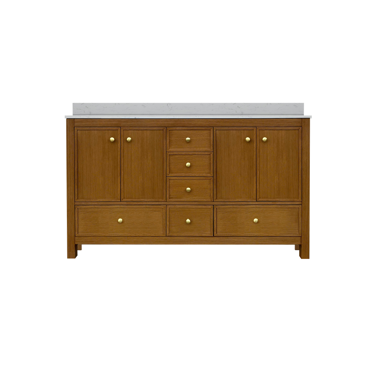 Medunjess 60" Freestanding Double Sink Bathroom Vanity Set with Engineered Stone Countertop & Dual Hardware Options - Natural Oak