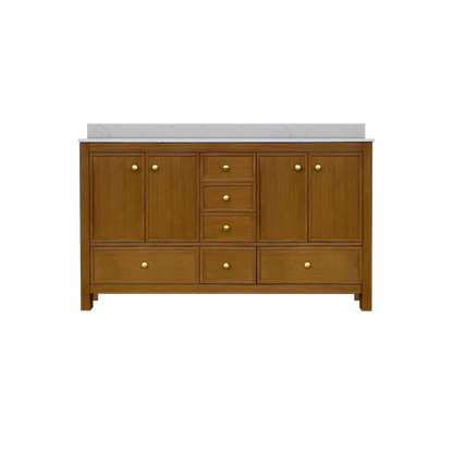 Medunjess 60" Freestanding Double Sink Bathroom Vanity Set with Engineered Stone Countertop & Dual Hardware Options - Natural Oak