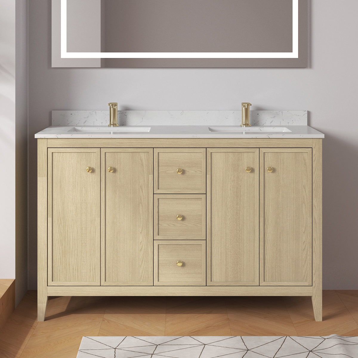 Medunjess 54" Freestanding Double Sink Bathroom Vanity Set with Engineered Stone Countertop & Undermount Sinks - Natural Oak
