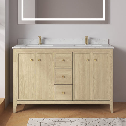 Medunjess 54" Freestanding Double Sink Bathroom Vanity Set with Engineered Stone Countertop & Undermount Sinks - Natural Oak