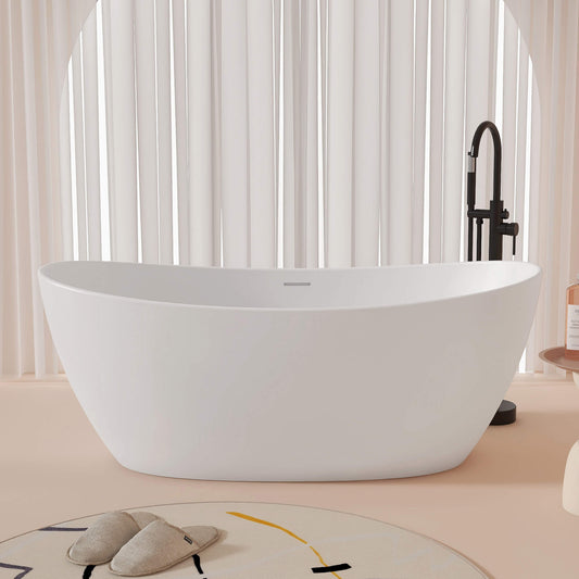 Medunjess 65'' Freestanding Bathtub Solid Surface Deep Soaking Tubs Double Slippers