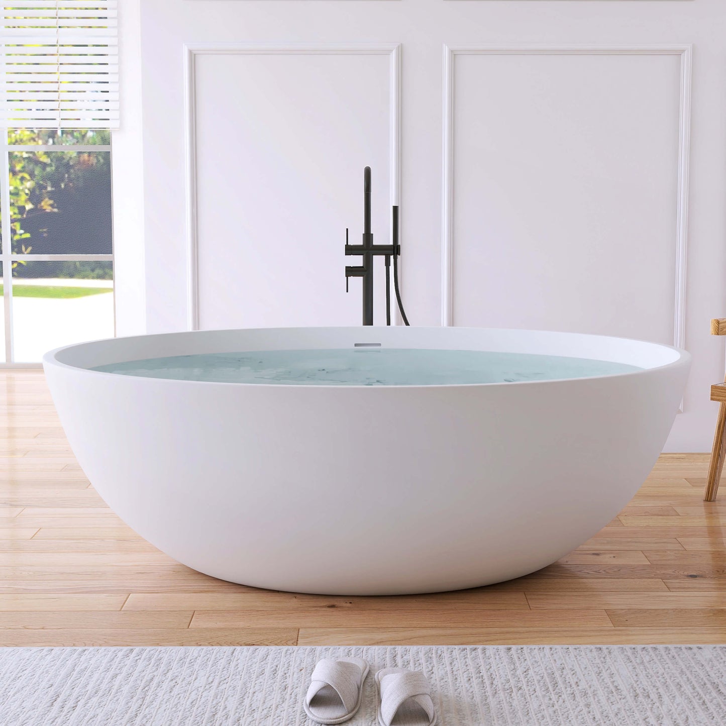 Medunjess 67" White Modern Freestanding Solid Surface Deep Soaking Bathtub for Two
