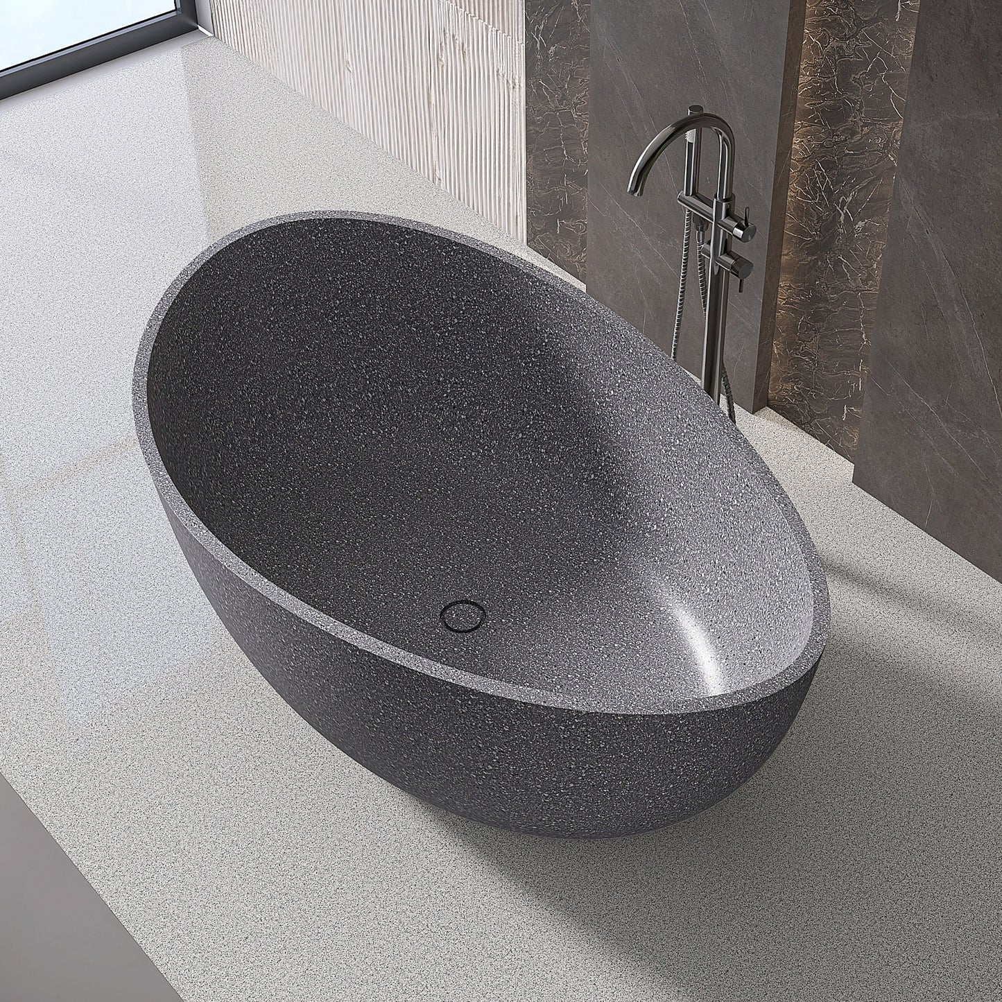 65'' Stone Resin Freestanding Bathtub, Elegant Oval Shape Soaking Tub, Solid Surface Stand Alone Bathtub with Drain & Without overflow outlet Cement grey