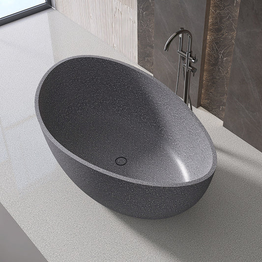 65'' Stone Resin Freestanding Bathtub, Elegant Oval Shape Soaking Tub, Solid Surface Stand Alone Bathtub with Drain & Without overflow outlet Cement grey